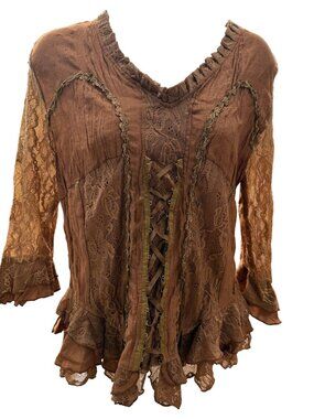 Pretty Angel brown tan elegant lace-up lagenlook blouse NWT Size S